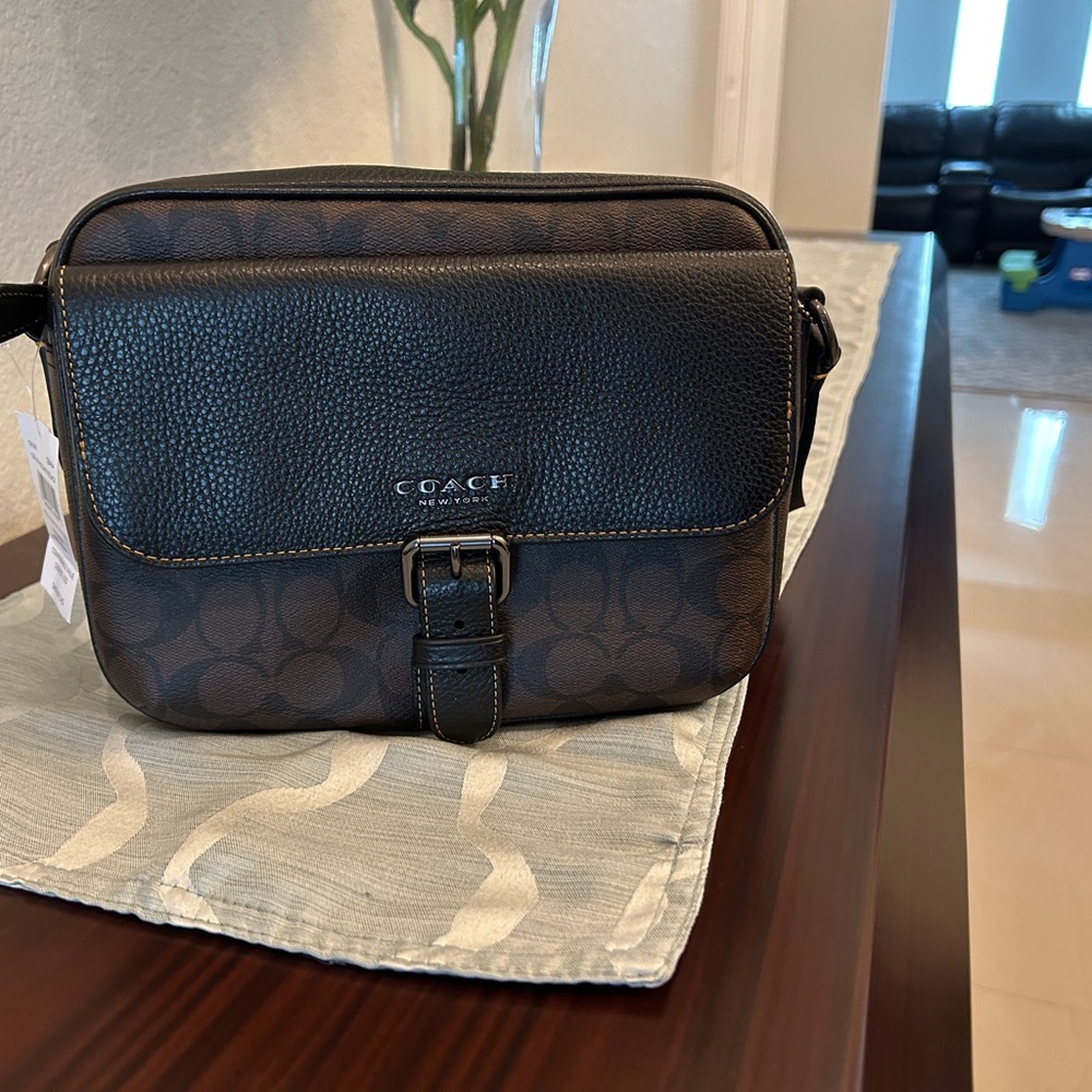 Coach Black and Brown Messenger Bag with Signature Design